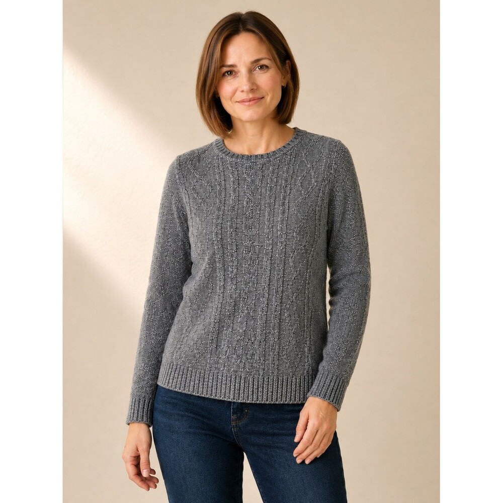Karen Scott Women’s Gray Cable Knit Crew Neck Sweater Soft Cozy Medium